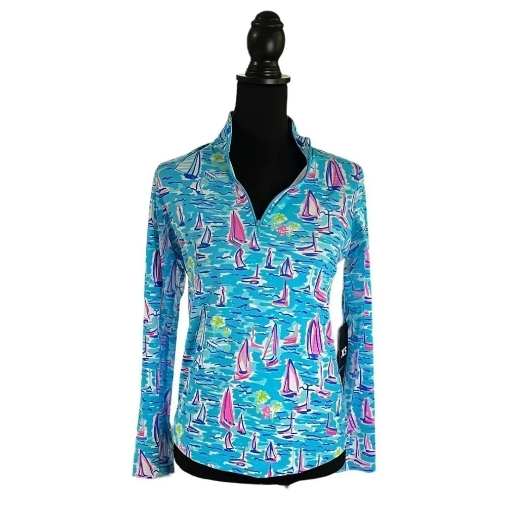 IBKUL Long Sleeve Sailboat Zip Mock Neck Top, Size XS - Picture 1 of 10